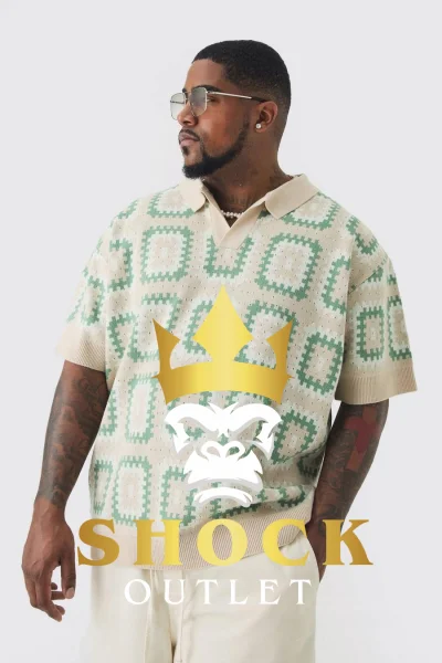 A3E206 BEŻOWA SWETERKOWA KOSZULKA POLO Z WZORKAMI PLUS SIZE BOOHOOMAN 3XL