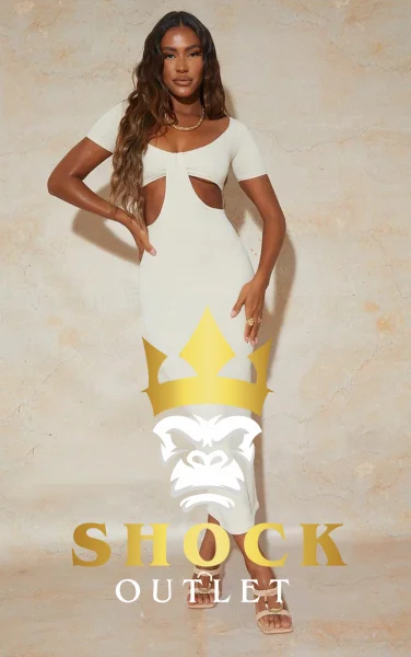 A8E110 BEŻOWA SUKIENKA MAXI Z WYCIĘCIAMI Z PRZODU PRETTYLITTLETHING XS