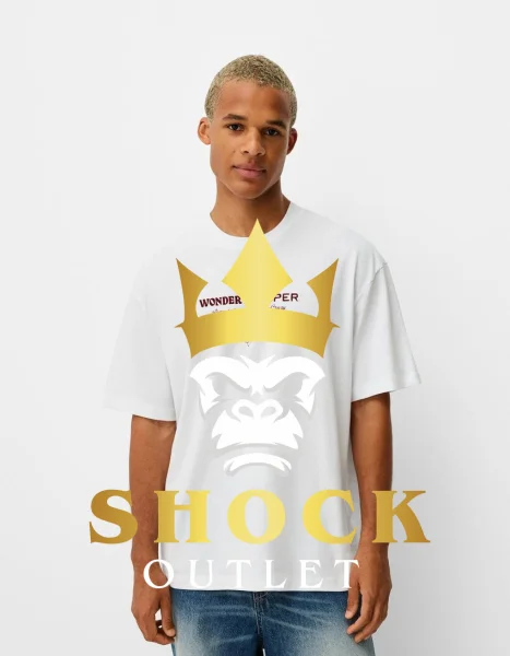 C1D113 BIAŁY T-SHIRT Z NADRUKIEM BERSHKA S