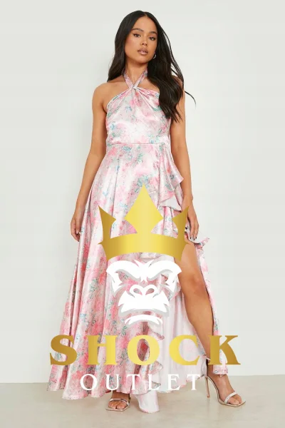 D3E112 RÓŻOWA SATYNOWA SUKIENKA MAXI W KWIATY PETITE BOOHOO S