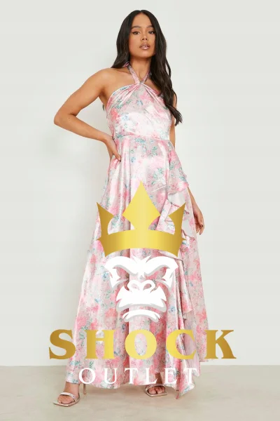 D2A205 RÓŻOWA SATYNOWA SUKIENKA MAXI W KWIATY PETITE BOOHOO S
