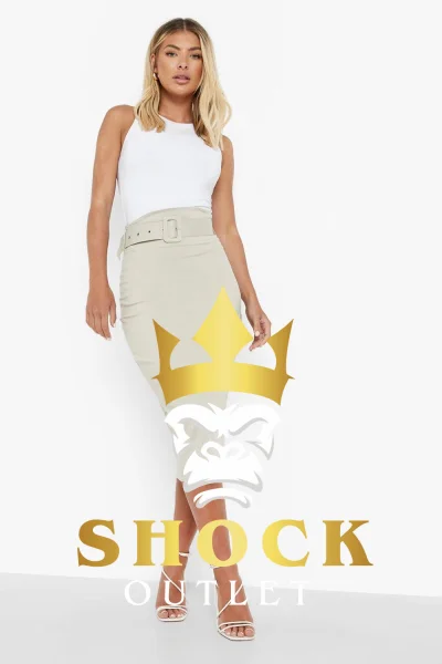 D0B006 BEŻOWA SPÓDNICZKA MIDI Z PASKIEM ELEGANCKA BOOHOO L