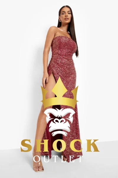 D1B304 CZERWONA CEKINOWA SUKIENKA MAXI Z WYCIĘCIEM BOOHOO XXL