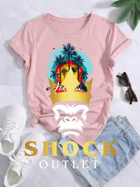 C6C013 RÓŻOWY T-SHIRT Z NADRUKIEM HAWAII SHEIN XL