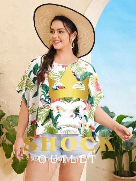 C0E221 BIAŁA BLUZKA W KOLOROWE LIŚCIE SHEIN 4XL