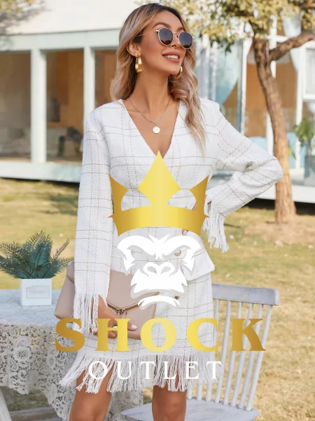 B2D110 ELEGANCKA SUKIENKA ECRU W KRATKĘ Z GUZIKAMI SHEIN XL