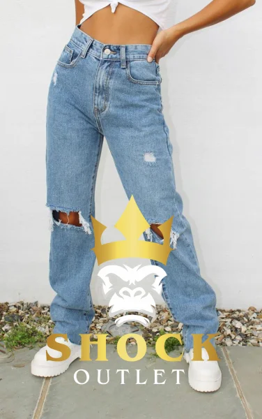D3D011 NIEBIESKIE SPODNIE JEANSOWE Z DZIURAMI PRETTYLITTLETHING 3XS