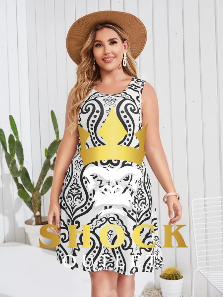 C0A101 BIAŁA SUKIENKA W CZARNE WZORY SHEIN 3XL